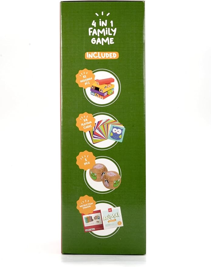 Nene Toys Wooden Tumble Tower Game with Animals & Colors, 4-in-1 Educational Family Board Game for Kids Ages 3-9, Creativity & Cognitive Skills Booster - Gift for Boys Girls 3+ Years