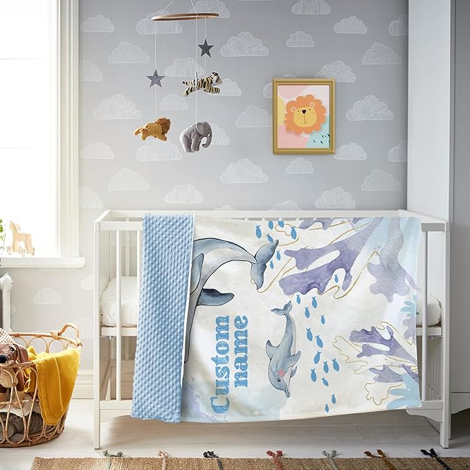 Custom Baby Blanket for Boys & Girls, Personalized Baby Blanket with Name, Soft & Cozy Dolphin Flannel Bed Blankets for Newborn Toddler, Customized Gifts for Shower Birthday Easter(60"x80")