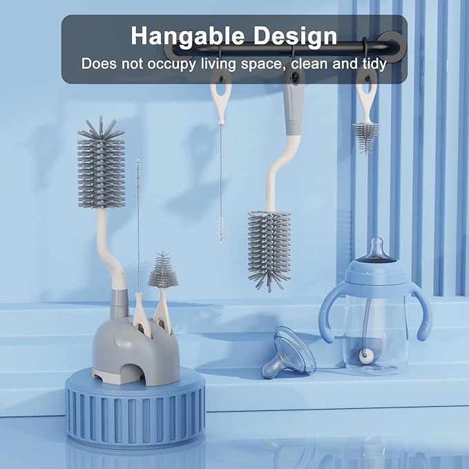 Silicone Bottle Brush Set with Stand, 360° Rotating Bottle Cleaning Brush Cleaner Set, Long Handle 3 in 1 Multipurpose Silicone Baby Bottle Straw Cleaner Brush (Grey)