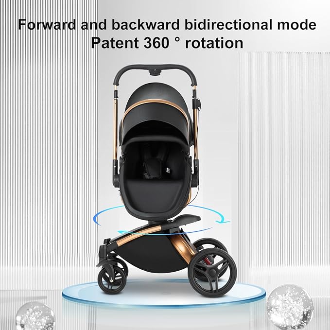 PU Leather 2 in 1 Baby Stroller with 360° Rotatable Seat, Convertible Pram, Reversible Standard Stroller, Portable Infant Carriage, Foldable High Landscape Pushchair Toddler Newborn (HR001-White)