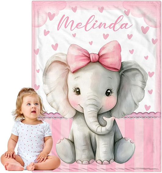 Personalized Baby Blanket for Girls, Custom Baby Blanket with Name, Soft Cozy Personalized Name Blankets for Kids, Customized Elephant Blanket for Infant Toddler Birthday Christmas
