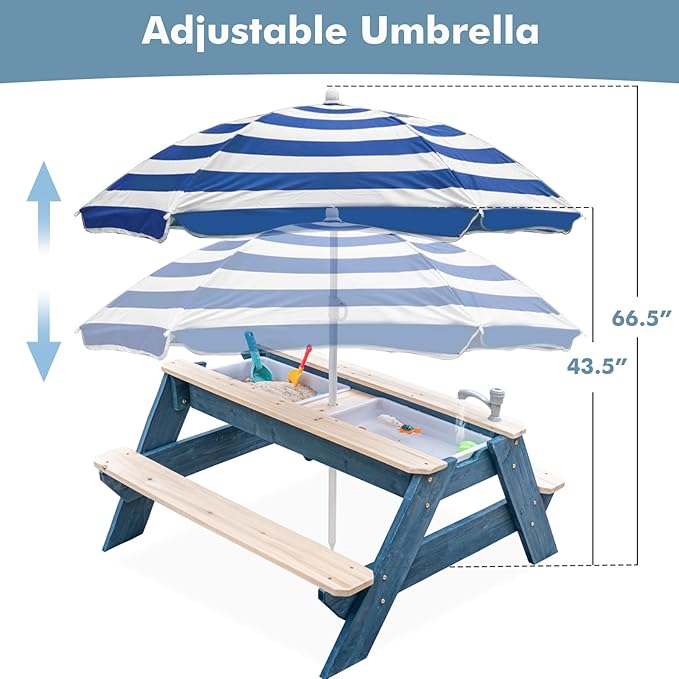 Kids 3-in-1 Sand & Water Activity Table, Wood Outdoor Convertible Picnic Table, 2 Play Boxes, Removable Top with Faucet, Picnic Table for Outdoor Backyard Patio Play (Blue/Navy)