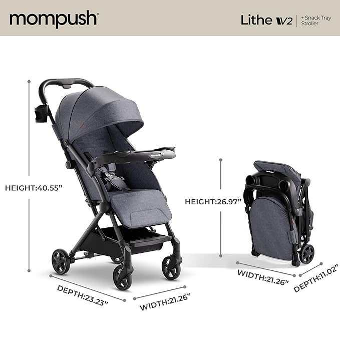 Mompush Lithe V2 Lightweight Travel Stroller, Compact Foldable Baby Stroller with Travel Bag, One-Hand Fold Stroller, Snack Tray, Mechanical Recline Seat, Airplane-Ready, Organizer & Rain Cover