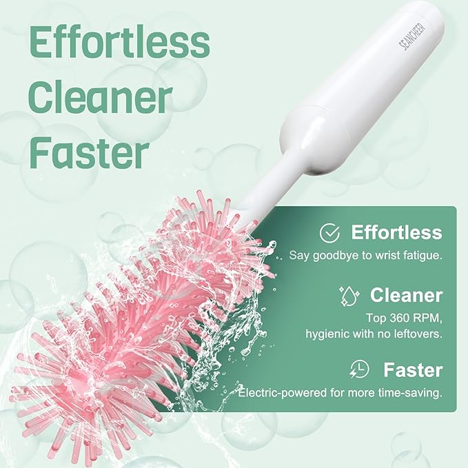 SEANCHEER S02 Electric Bottle Brush Set, Portable Baby Bottle Brush Cleaner, AA Battery-Powered & IPX7 Waterproof, with Silicone Bottle/Nipple/Straw Brush, for Home & Travel (Pink)