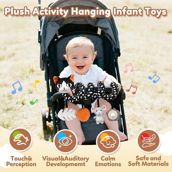 Baby Carseat Toy Black & White Rattle Spiral Hanging Activity Stroller Toy for Newborns Boys and Girls - Cat