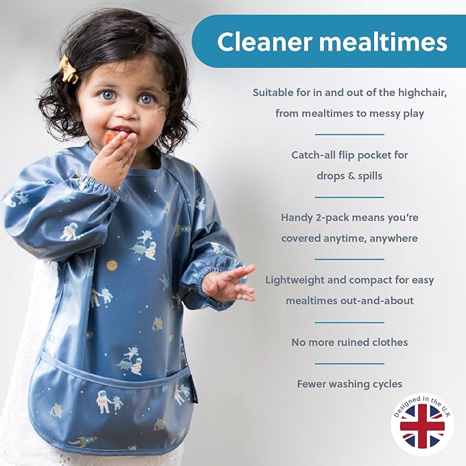 BIBaDO Mess Proof Baby Bib, 2 Pack Long Sleeve Bib, 6 month - 3 Years, Waterproof Bibs for Toddlers, Machine Washable