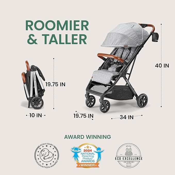 Bombi Bēbee V2 Lightweight Baby Stroller - Premium Vegan Leather, One-Hand Fold, Infinite Recline, Aircraft-Grade Aluminum Frame, XXL Canopy, and Ample Storage Umbrella Stroller - Stone Gray
