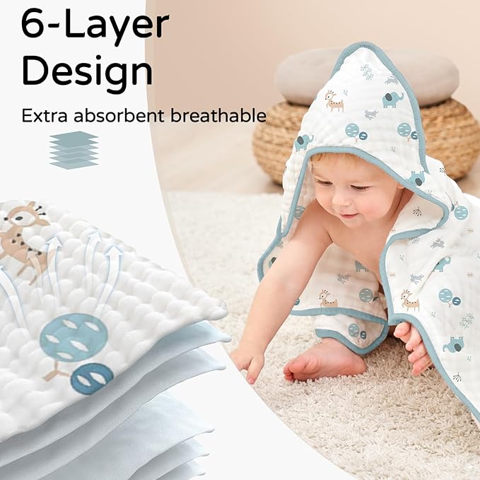 Yoofoss Hooded Baby Towels for Newborn 2 Pack 100% Muslin Organic Cotton Baby Bath Towel with Hood for Babies, Infant, Toddler and Kids, 32x32Inch, Soft and Absorbent Newborn Essential,Blue Elephant