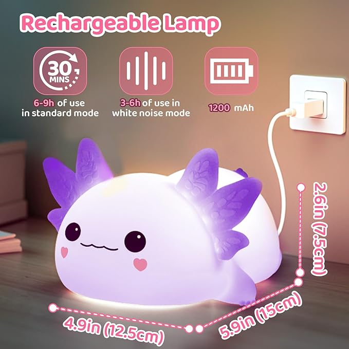 Mewaii Huggwaii Squishy Axolotl Night Light for Kids, Dimmable Silicone Kids Night Light with 4 White Noise, 2025 Upgraded Rechargeable Axolotl Lamp,Toddler Nightlight,Girls&Baby Gifts Room Decor