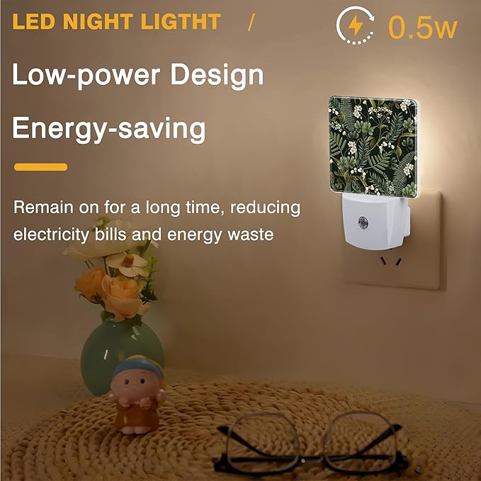 Botanical White Flowers Berries and Green Leaves Night Light, Plug-in Nightlight with Dusk to Dawn Auto Sensor for Home Bedroom Hallway Kitchen 0.5W Sleep Friendly Led Lamp for Women Men