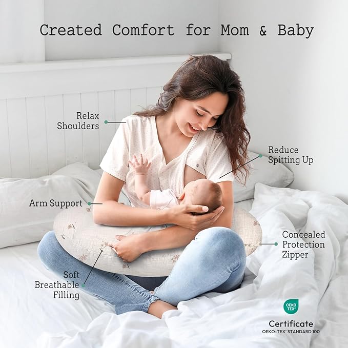 Little Grape Land Nursing Pillow, Soft 100% Cotton Breastfeeding Pillow with Breathable Muslin Cotton Removable Cover, Fog Flower Breast Feeding Pillows for Babies 0-12 Months with Protective Zipper