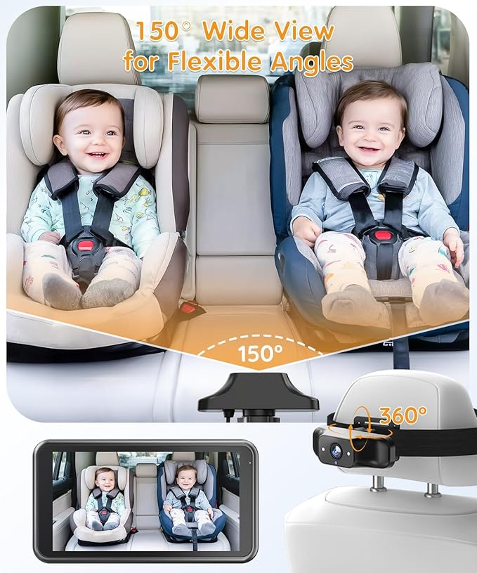 Babyvue BC1 Baby Car Camera, 4.5" 1080P HD Screen & 3X Zoom, AUTO IR Night Vision Car Baby Monitor with Adjustable Brightness, 2-Min Easy Install Car Seat Camera for Babies & Pets to Drive Safely