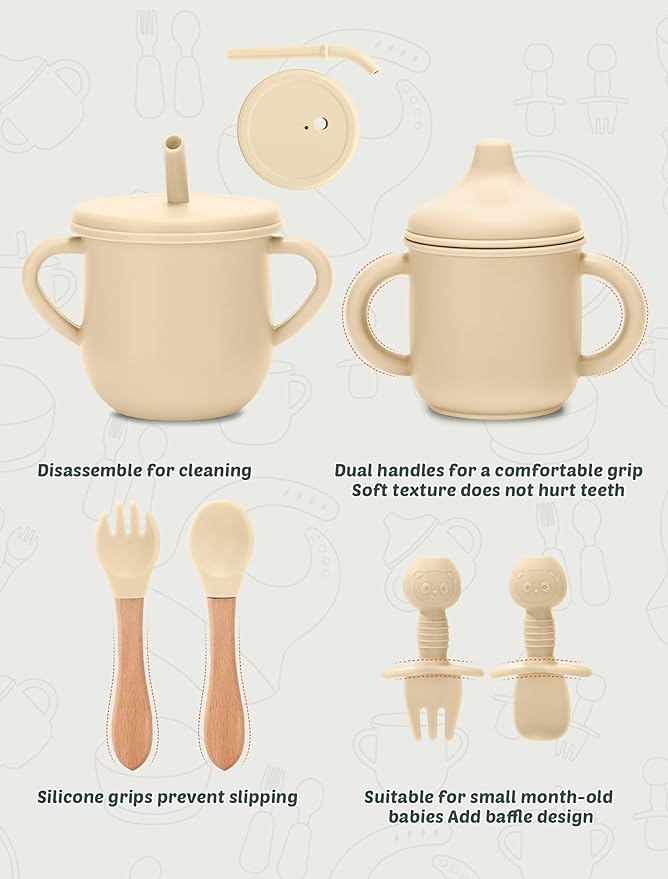 Silicone Baby Feeding Set 9 Pcs, Spill-Proof Suction Plate, Bowl, Bib, Silicone spoon&forks, Wooden Spoons&forks, Training cup with straw and Sippy Cup, Baby Eating Utensils (Beige)