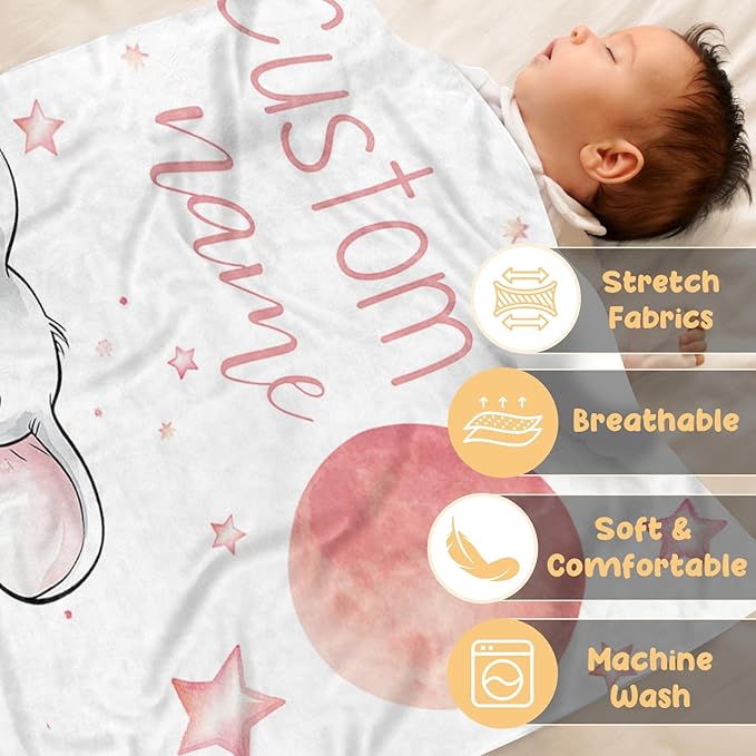Personalized Baby Blanket, Customized Newborn Blankets with Name, Soft Receiving Blanket for Girl Boy, Pink Elephant Double Layer Dotted Swaddle, Nursery Toddler (47"x60")