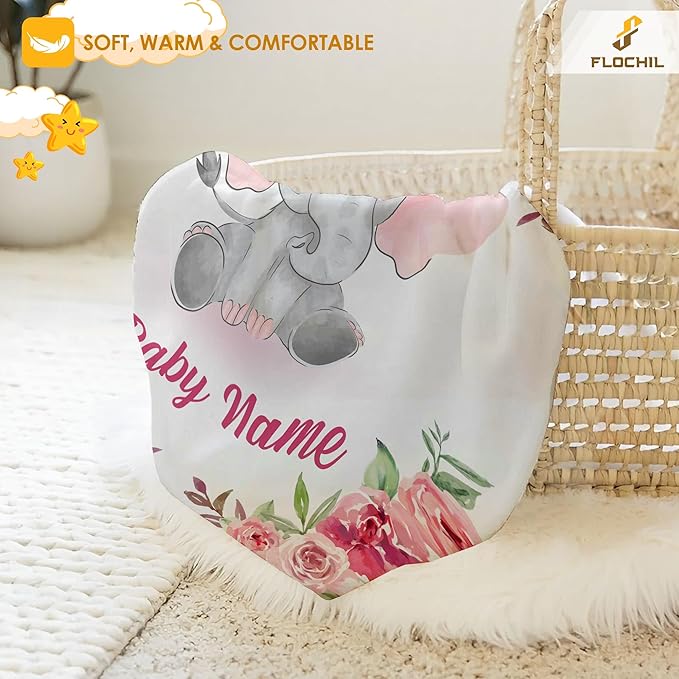 FLOCHIL Personalized Baby Blanket - Custom Baby Blanket with Name for Girls, Newborn Elephants Plush Fleece (30x40)