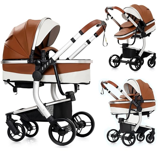 PU Leather 2 in 1 Baby Stroller, Convertible Pram, Reversible Standard Stroller, Portable Buggy, Infant Carriage, Foldable High Landscape Pushchair Toddler Newborn (2US518-Khaki)