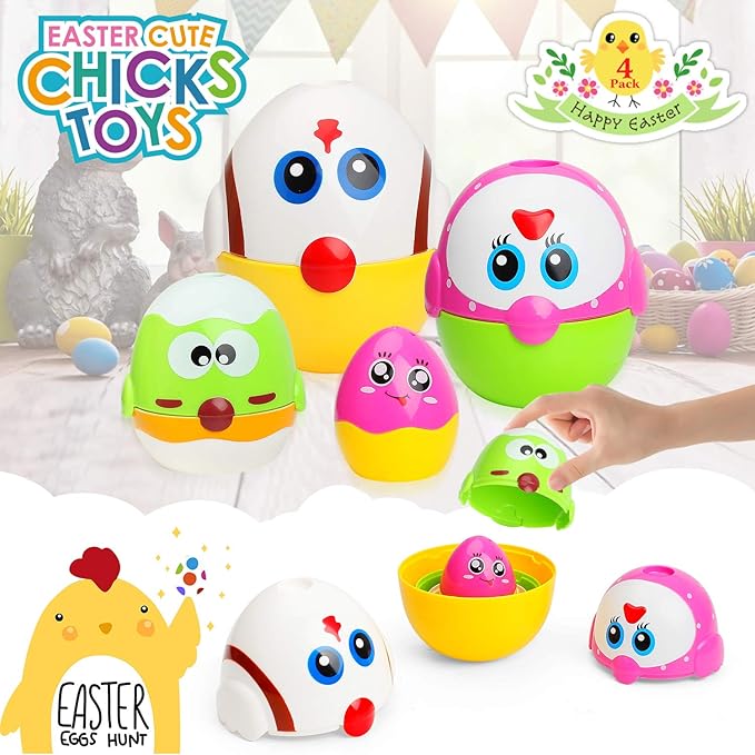 Easter Egg Toys for Toddler, 8 Pcs Nesting & Stacking Chicks Matching Toys, Plastic Eggs Fillable, Easter Basket Stuffers, Gift for Unisex 18 months+
