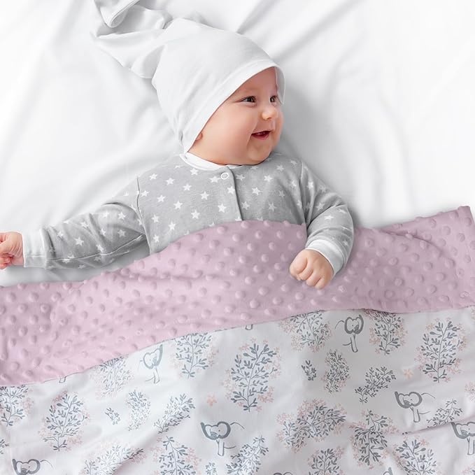 Baby Blankets for Girls Soft Plush Nursery Minky Blanket Neutral with Print Pink Forest Elephant and Cozy Raised Dotted Fleece Backing, 30 x 40 Inch Double Layer Bed Throws