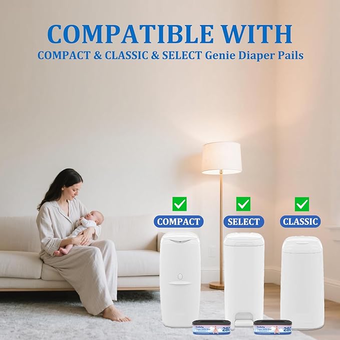 6 Pack Standard Square Bags Refill Compatible with Diaper Genie Compact, Select and Classic Pails, Max Odor Control, Disposal Bag Refills with Continuous Film, Hold Up to 280 Newborn-Sized Diapers