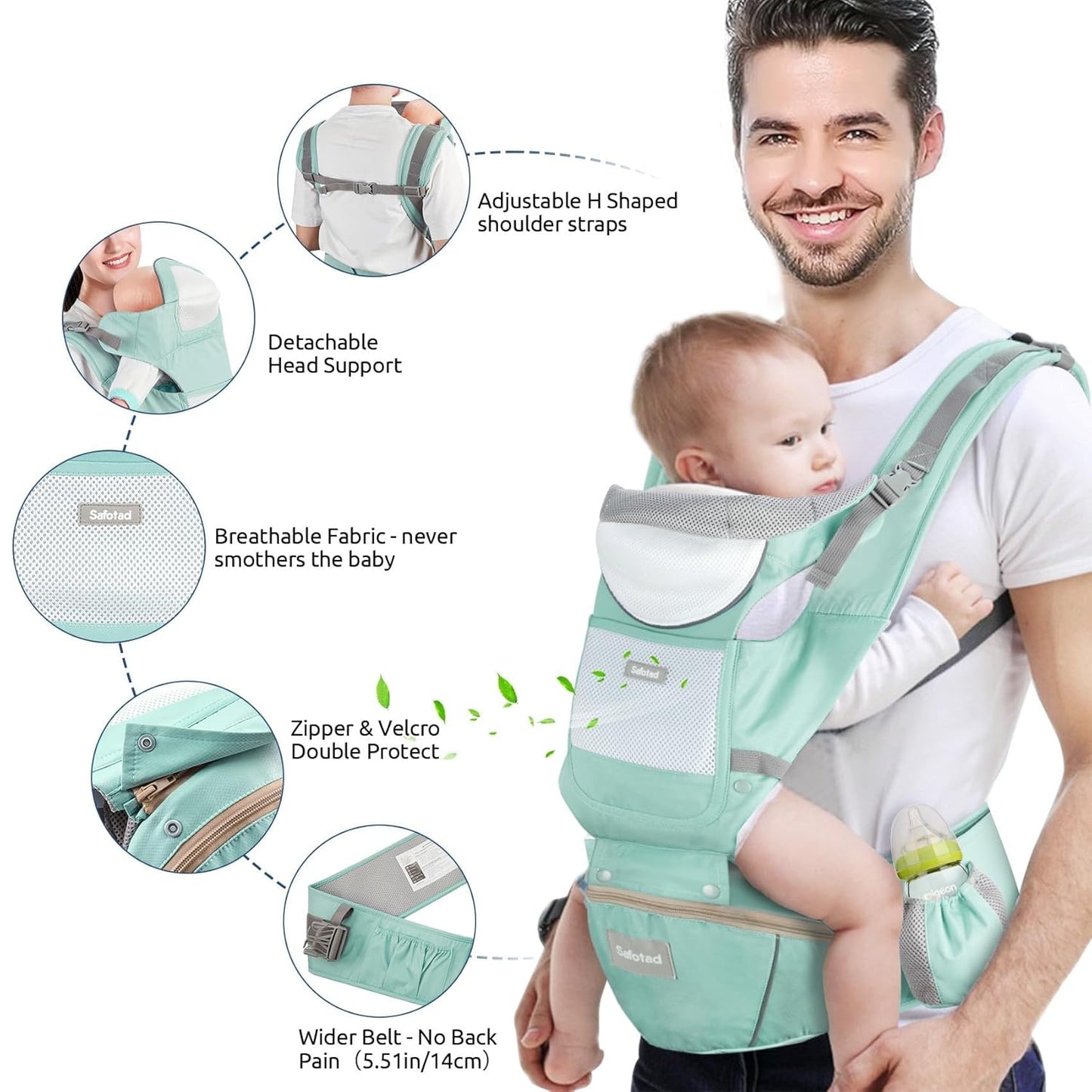 Baby Carrier with Hip Seat, Ergonomic M Position 6in1 Baby Carrier Newborn to Toddler,Head Support and Breathable Mesh Newborn Carrier,Adjustable Baby Holder Carrier for Dad&Mom-Green