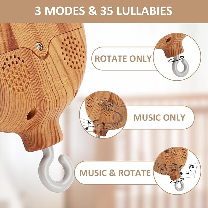 Floor-Standing Crib Mobile Arm with Music Box - 65 Inch Wooden Mobile Arm for Crib - Crib Mobile Motor - Volume Control - 35 Lullabies - Wooden Nursery Decor - Baby Mobile Hanger