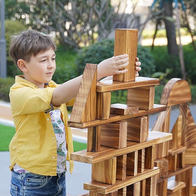 45 pcs Mega Outdoor Carbonized Wooden Building Blocks Set for Kids Toddlers 3-12, Giant Wooden Blocks Big Set for Kindergarten Yard, Jumbo Blocks (Jumbo Set 1#: 34 lbs (15.5kg)