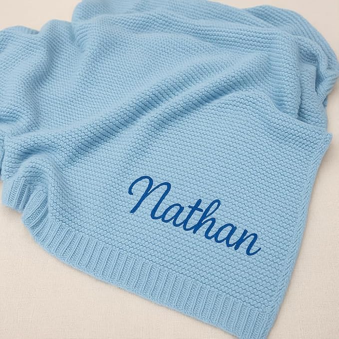 Personalized Baby Knit Blanket Custom Embroidered Cotton Blanket for Newborns Nursery Essentials, Stroller Cover, Holiday, Thoughtful Keepsake for New Parents.