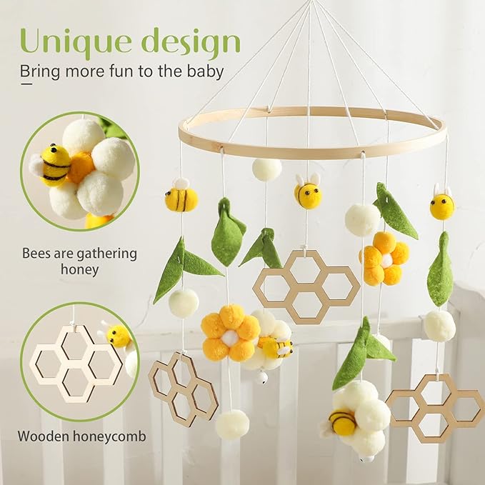 Nursery Mobile for Boys Girls, Boho Bee Flower Nursery Decor Soothe Toy, Shower Set for Infant Bedroom Hanging Decoration, Yellow