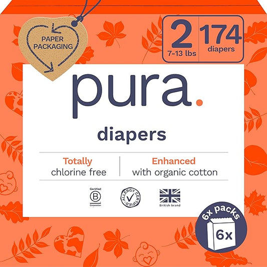 Pura Hypoallergenic Diapers Size 2 (7-13 lbs) Monthly Pack, Totally Chlorine Free, Wetness Indicator, Suitable for Sensitive Skin, Soft Organic Cotton Comfort, Overnight, 6 Packs of 29 (174 Diapers)