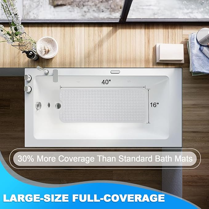 Linoows Bathtub and Shower Mats, 40x16 Inch Extra Large Non Slip Soft Bath Tub Mat with Suction Cups and Drain Holes for Bathroom Floor and Keep Tubs Clean, Machine Washable, Clear