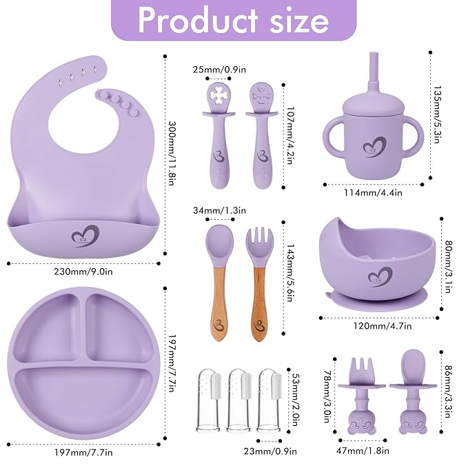 Silicone Baby Feeding Set Essentials,13 Pcs,Baby Led Weaning Supplies, Baby Spoons Suction Bowl Divided Plate Bib Cup Finger Brush,First Stage Solid Food Eating Utensils - 6 Months + (Purple)