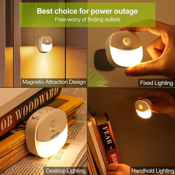 AUVON Rechargeable Battery Night Light, Mini with Motion Sensor, Warm White LED Stick-On Closet Light with Dusk to Dawn Sensor, Adjustable Brightness for Wall, Stairs, Hallway, Cabinet (4 Pack)