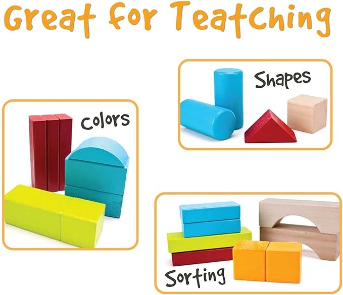 Imagination Generation 100 Piece Natural Wooden Building Block Set with Carrying Bag – Children's Deluxe Stacking Toy Set