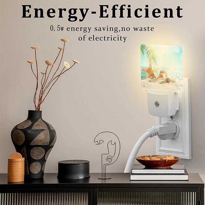 Starfish Seashells on Sand Night Light Plug into Wall, Summer Tropical Beach Ocean Dusk to Dawn Night Light Plug in,0.5w Energy Saving Sleep Friendly NightLight for Kids Boys Girls Home Decor