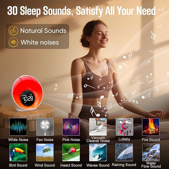 Wake Up Light Sunrise Alarm Clock, White Noise Sleep Sound Machine with 30 Soothing Sounds, Night Lights, Dual Alarms, Snooze, Timer, Bedside Lamp, Christmas Gift for Women, Kids, Heavy Sleepers