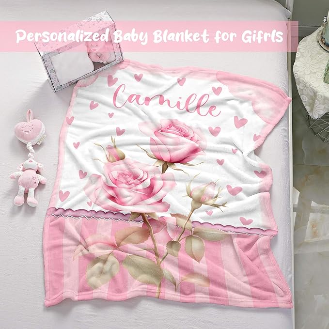 Personalized Baby Blanket for Girls, Custom Baby Blanket with Name, Soft Cozy Personalized Name Blankets for Kids, Customized Flowers Blanket for Infant Toddler Birthday Christmas