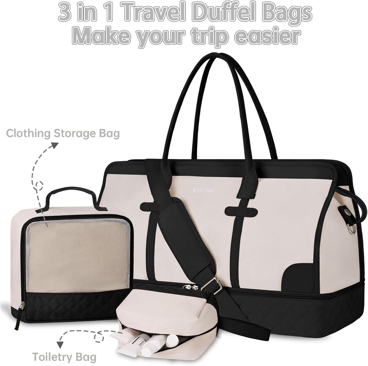 ETRONIK Weekender Overnight Bag for Women, Large Travel Duffle Bag with Shoe Compartment & Wet Pocket, Carry On Tote Bag Gym Duffel Bag with Toiletry Bag, 3 Pcs Set, XL Size, Beige&Black