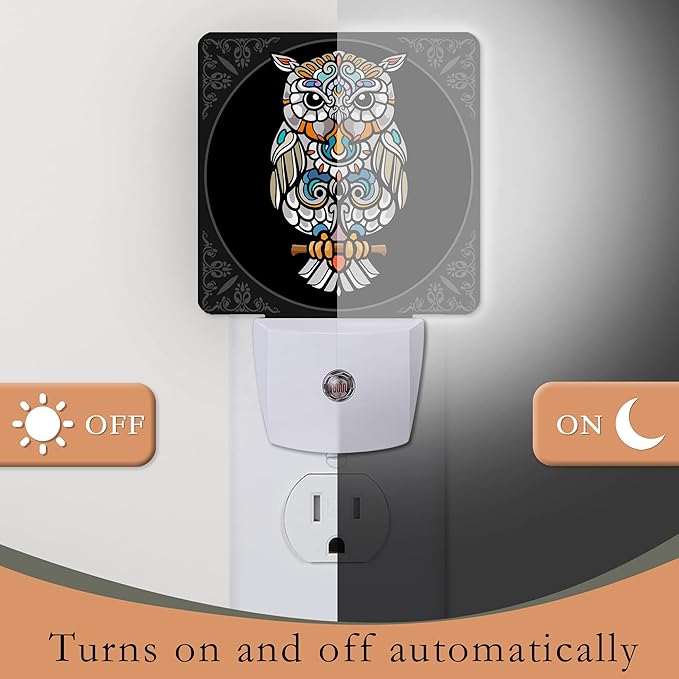 Colorful Owl Bird Night Light Plug into Wall, Mandala Night Light with Dusk to Dawn Sensor for Kids, Room Decor, Hallway, Kitchen, Bathroom, Nursery, Stairs