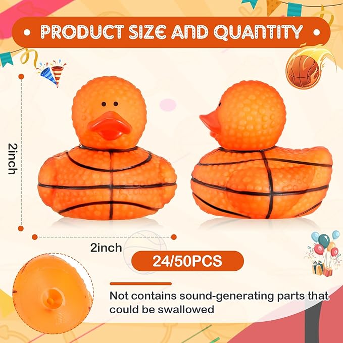 Deekin 50 Pcs Rubber Duck 2 Inch Bulk Sport Party Favors for Birthday Party Decorations Club Player Gift (Basketball)