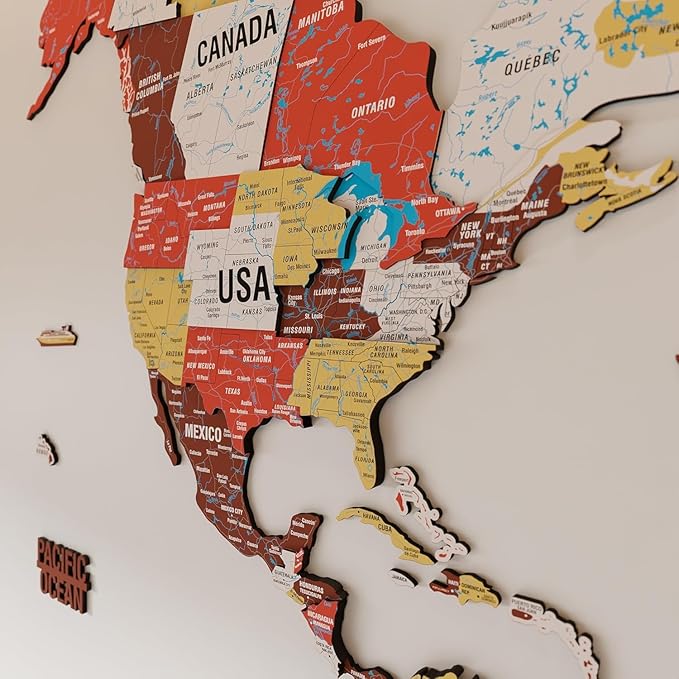 Colorfull Worlds 3D Wooden World Map Wall Art - Premium Multicolored World Travel Map for Wall Decor with Push Pins- Ideal Housewarming Gift & Travel Tracker (Medium, Terracota)