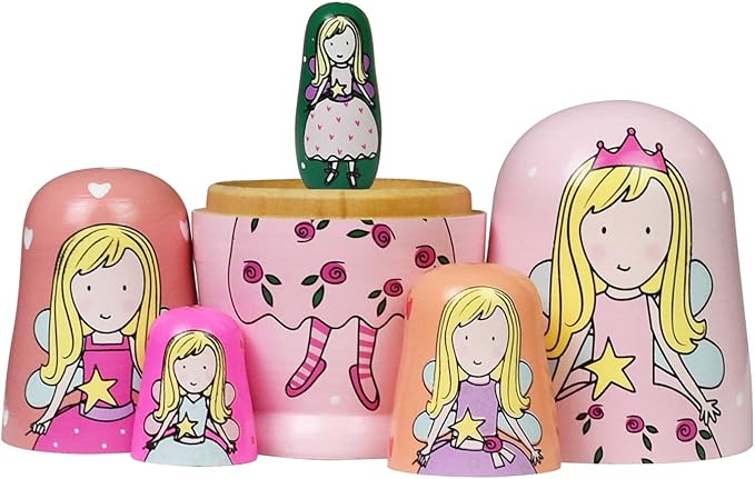 5 Pieces Cute Nesting Dolls Matryoshka Doll Russian Handmade Wooden Dolls Cartoon Angel Girl Pattern Toy Gift 6" Tall