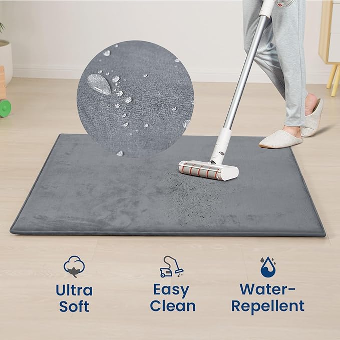 Baby Play Mat for Floor,Extra Large 59"×71" Playpen Mat for Tummy Time,Thicker Elasti Foam Mats for Toddler,Infant,Kids,Water Repellent Ultra Soft Velvet,Non-Slip Backing Safe for Crawling(Dark Grey)