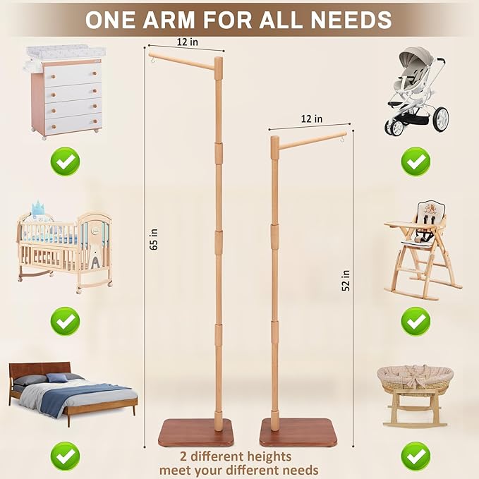 Floor-Standing Crib Mobile Arm with Music Box - 65 Inch Mobile Arm for Crib - 100% Beech Wood - Crib Mobile Motor - Volume Control - 35 Lullabies - Wooden Nursery Decor - Baby Mobile Hanger