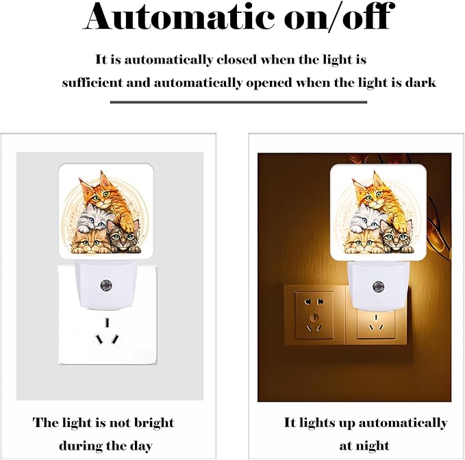 Colorful Cats Night Light,Plug-in Night Lights with Dusk to Dawn Sensor for Stairway,Hallway,Bedroom Sleep Friendly Ideal for Women/Girls/Boys Gift,0.5w