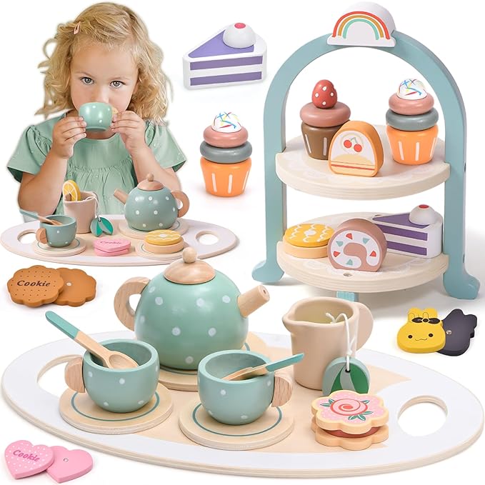 Atoylink Wooden Tea Party Set for Little Girls 28 Pcs Toddler Tea Set with Cupcake Stand & Food Pretend Play Accessories Kids Kitchen Playset Wooden Toys for 2 3 4 5 6 Year Old Girl Birthday Gift