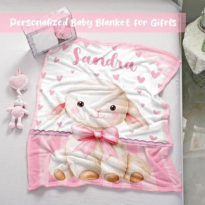 Personalized Baby Blanket for Girls, Custom Baby Blanket with Name, Soft Cozy Personalized Name Blankets for Kids, Customized Sheep Blanket for Infant Toddler Birthday Christmas