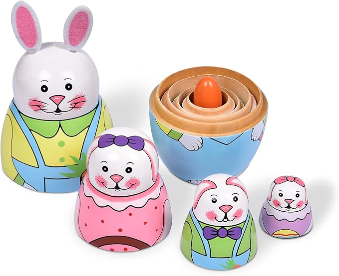 Russian Nesting Dolls, Stacking Wooden Handmade Matryoshka Dolls, 5 Pcs 6 ''Tall Animal Nesting Easter Eggs Toys for Kids Toddlers Birthday or Home Decoration Gift (Rabbit)