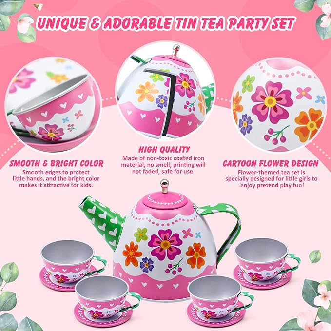 Kids Tea Party Set for Little Girls, Flower Toy Tin Tea Set with Carry Case, Dessert Play Food Tea Cup Set Teapot Girl Jewelry, Birthday for Girls Kids 3 4 5 6 7 Years Old