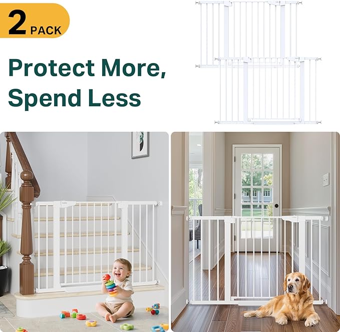 Cumbor 2 Pack 29.7"-48" Baby Gate for Stairs, Mom's Choice Awards Winner-Dog Gate for Doorways, Pressure Mounted Auto-Close Pet Gates for Dogs Indoor, Safety Child Gate with Easy Walk Thru Door,White