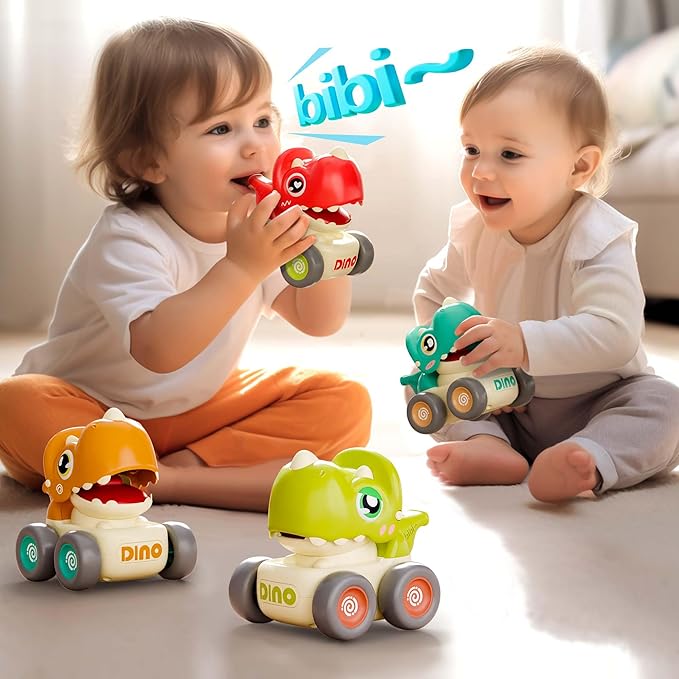 iPlay, iLearn Dinosaur Press to Go Car Toys for Toddlers 1-3, Baby Dinos Racing Cars, Infant Play Whistle Vehicle Set, Push Go Friction Car for 6-9-12-18 Month, 1-2 Years Old Boys 1st Birthday Gift